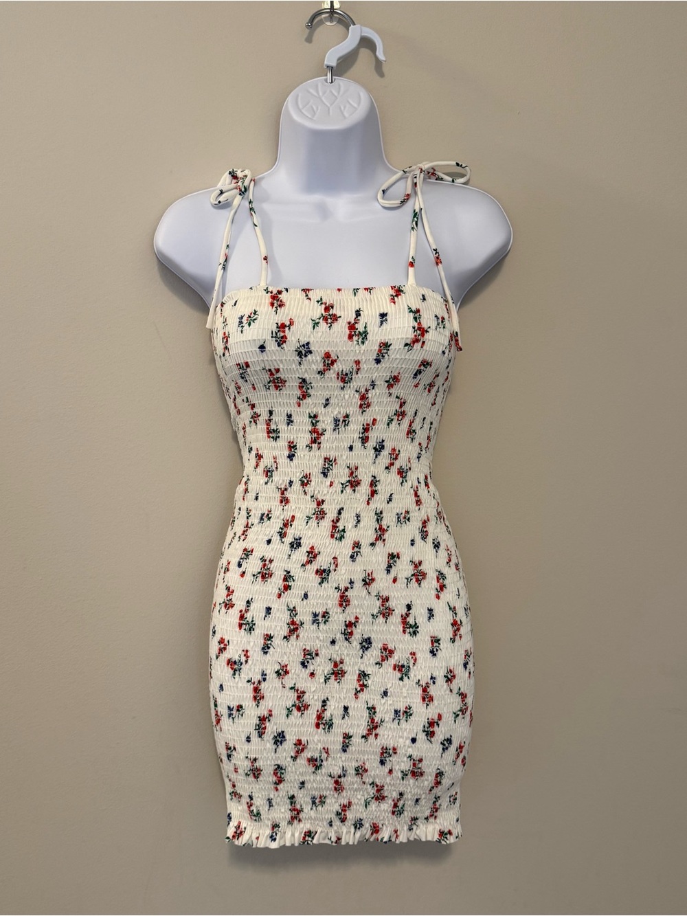 Floral Tie-Shoulder Smocked Mini Dress - White